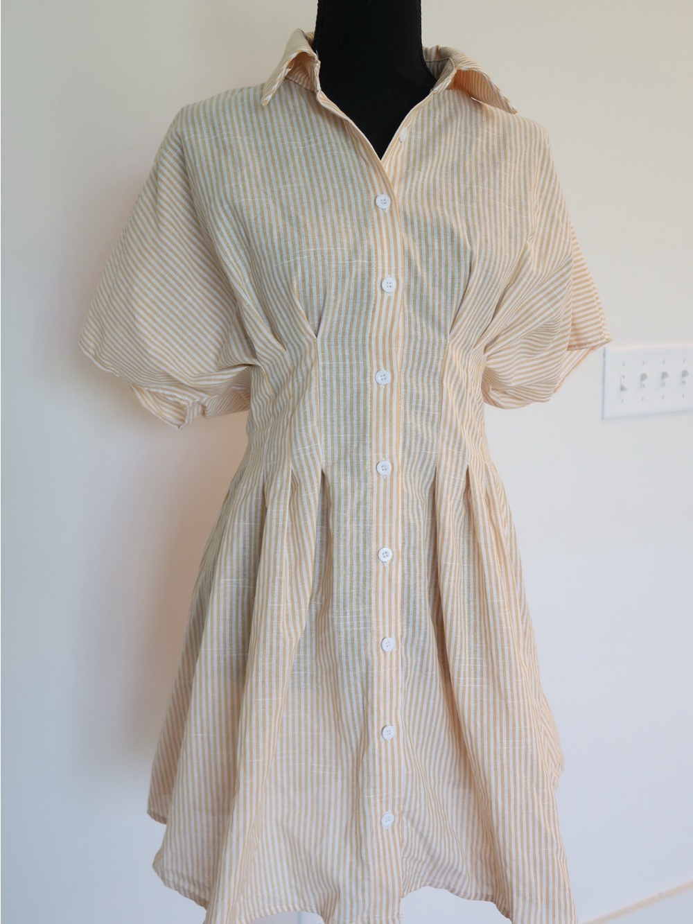 SHEIN Cream and Yellow Striped Button-Up Dress